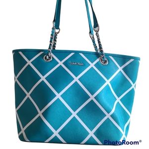 Calvin Klein Teal and White Purse/Tote - Large